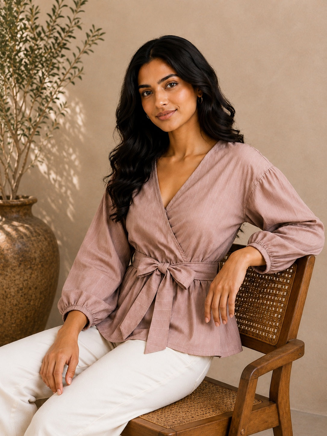 Beige Printed Wrap Top