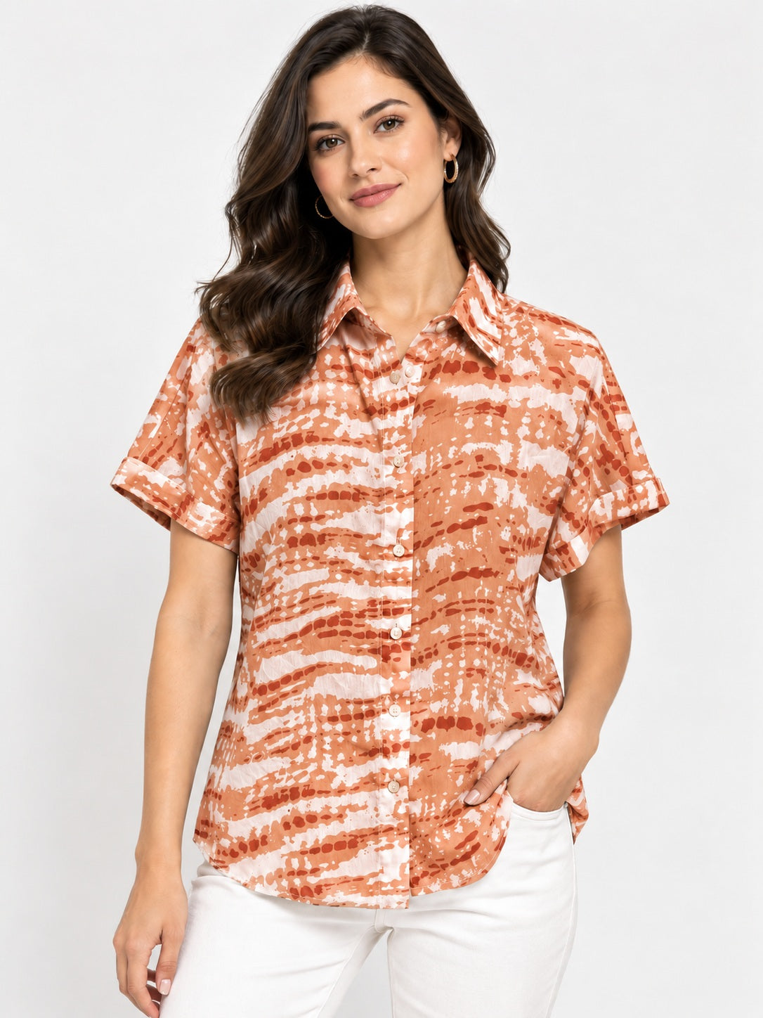 Lush Orange Printed Geargette Shirt