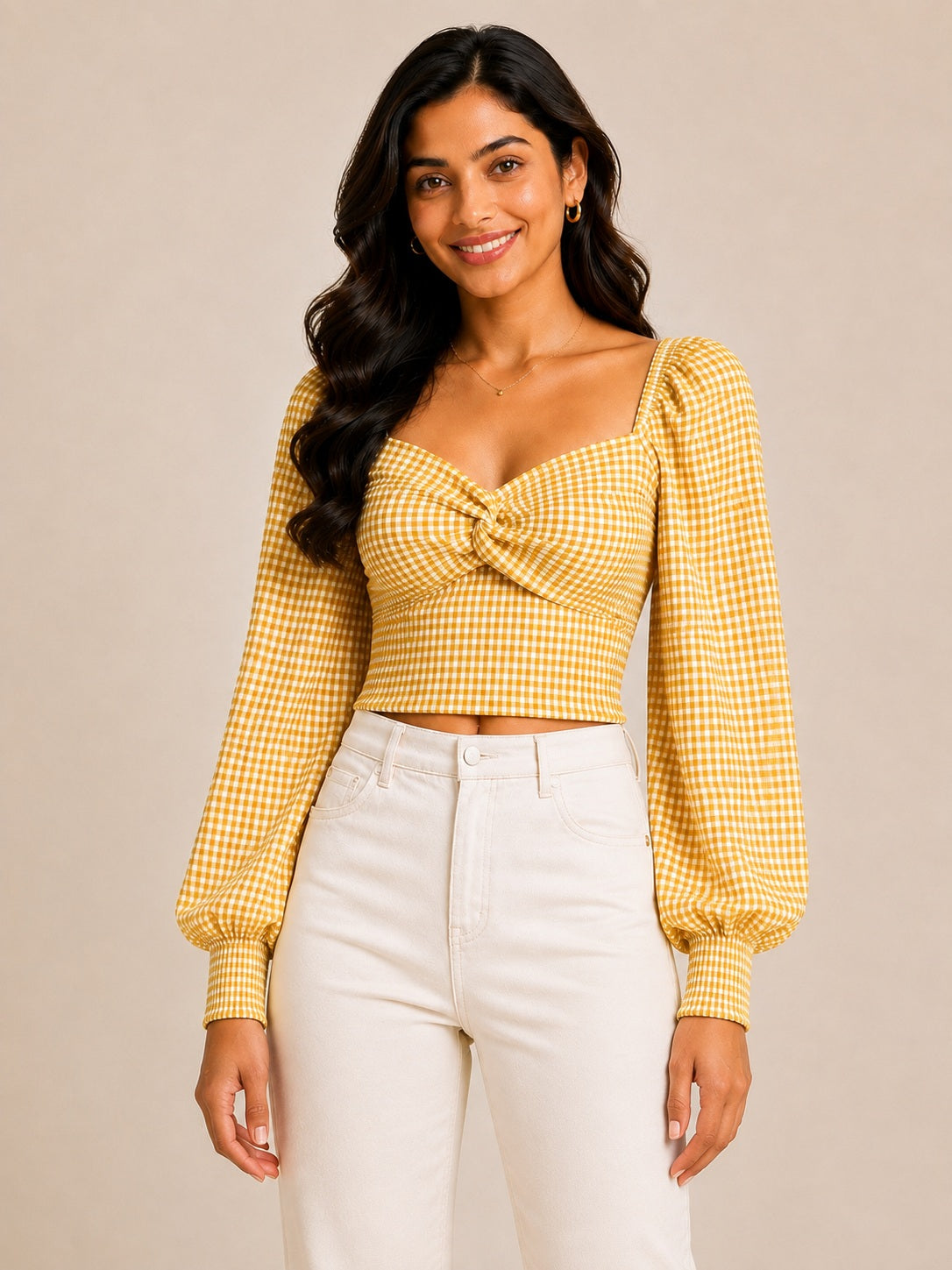Yellow Checked Knotted Top