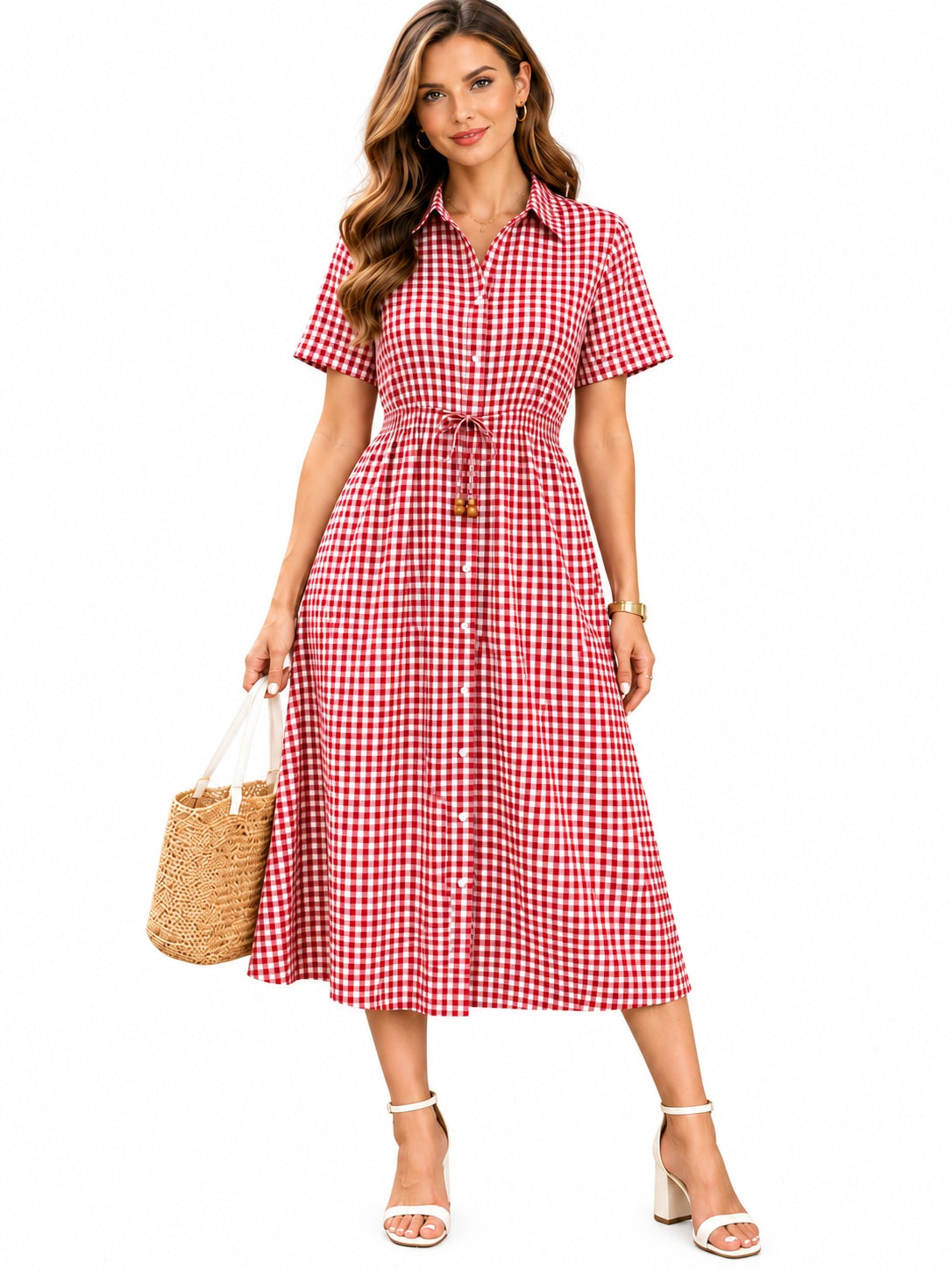 Red Checked Cotton Shirt Dress