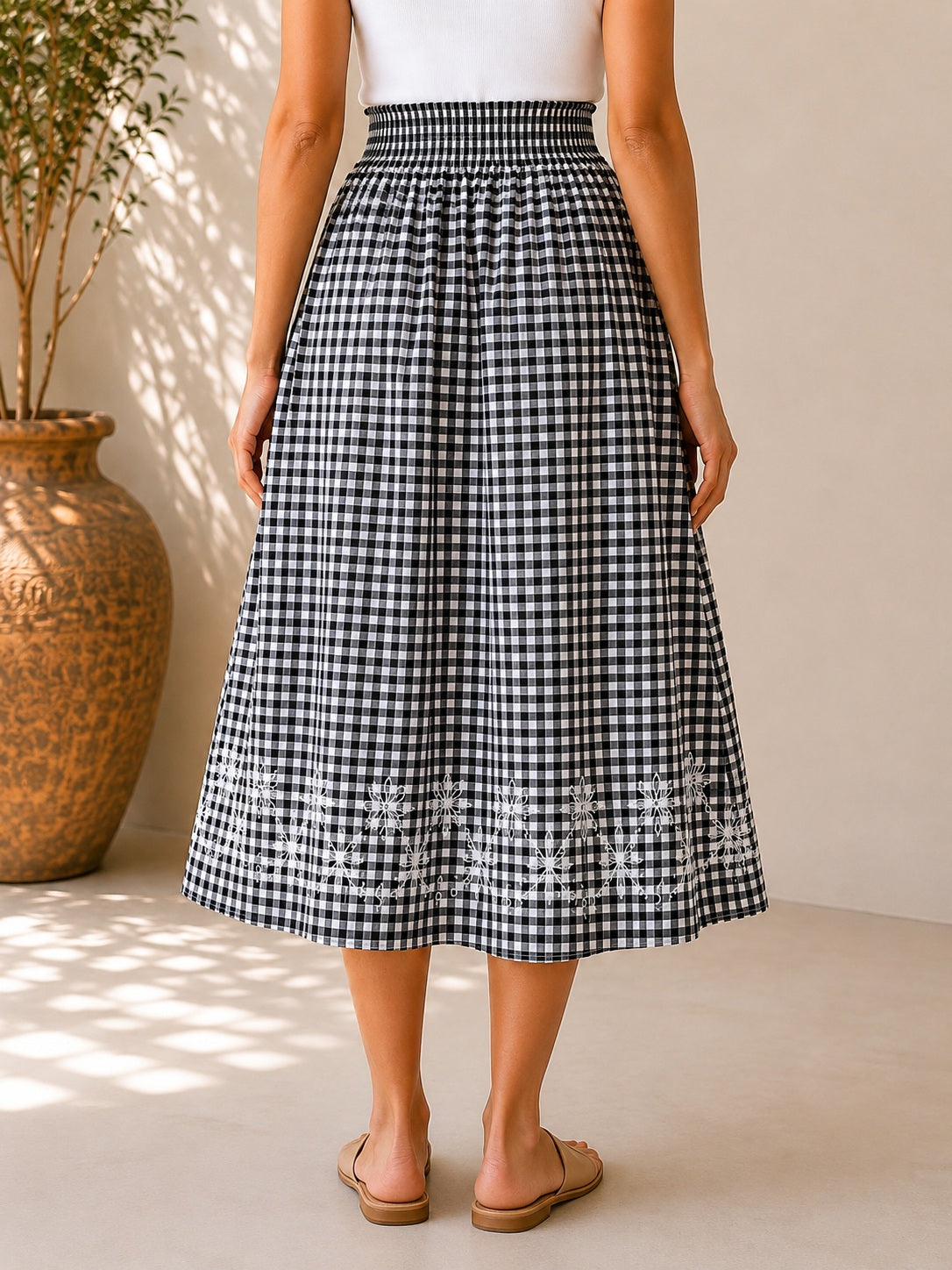 Black Checked Cotton Skirt