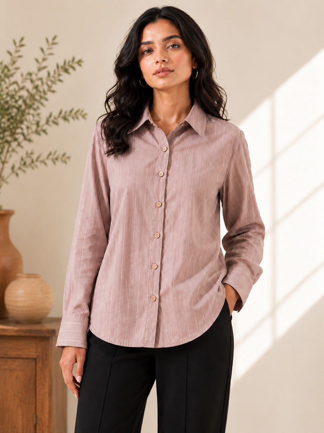 Beige Striped Printed Crepe Shirt