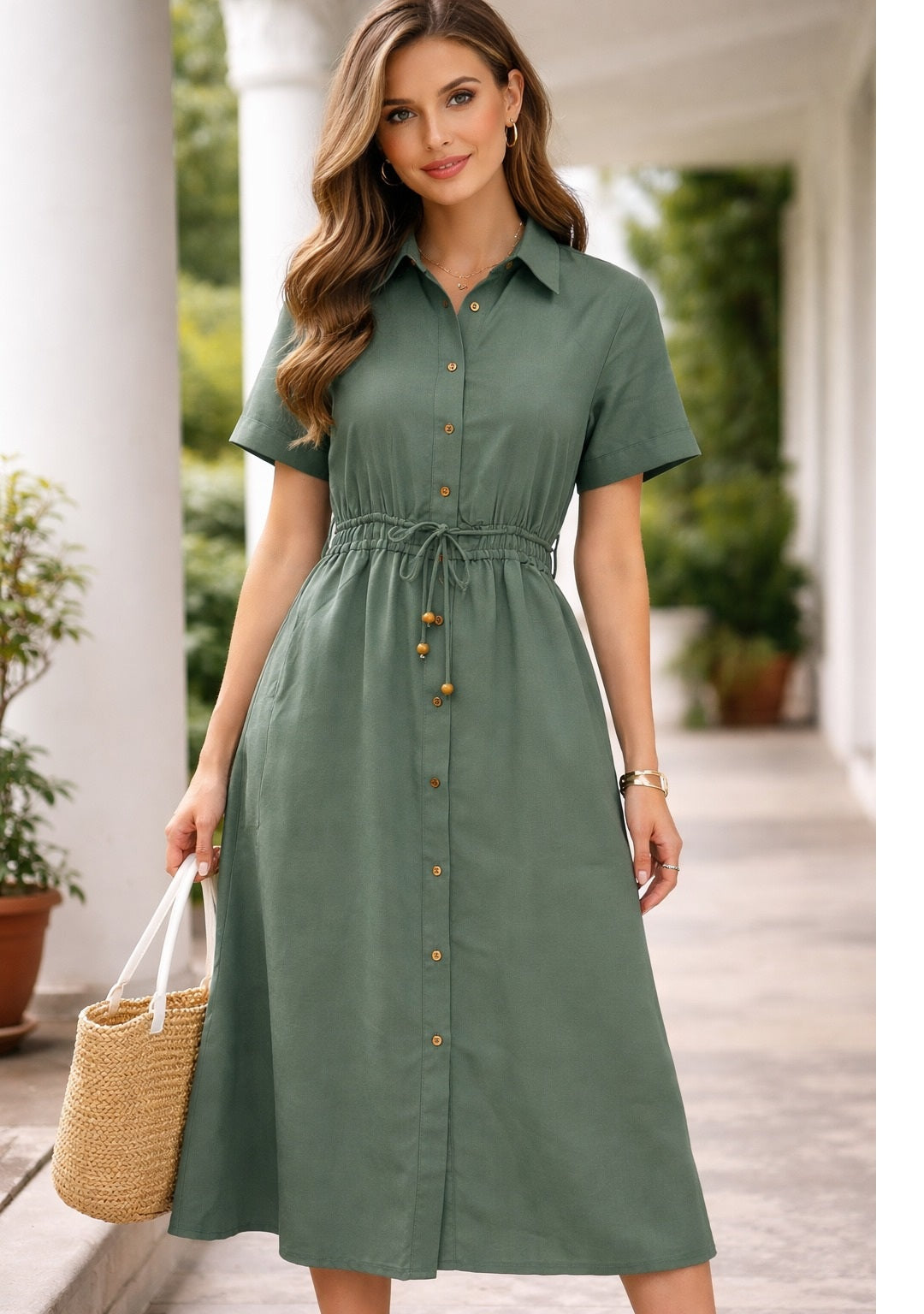 Olive Haze Cotton Shirt Dress