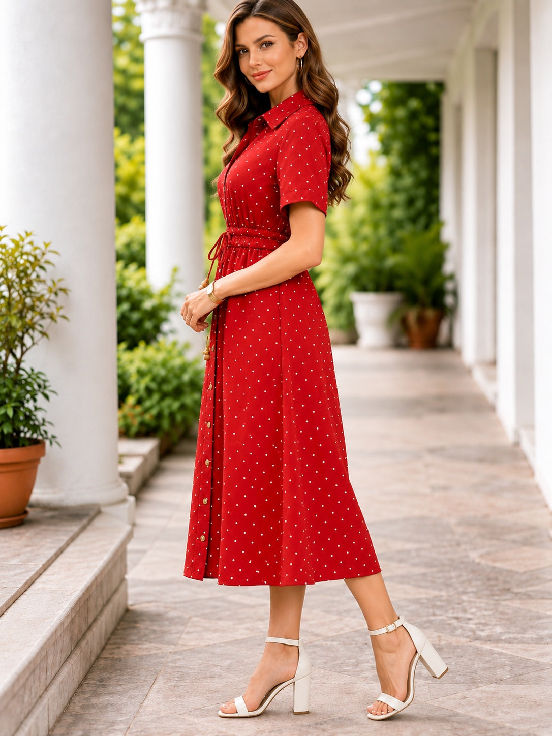 Maroon Polka Dot Cotton Shirt Dress