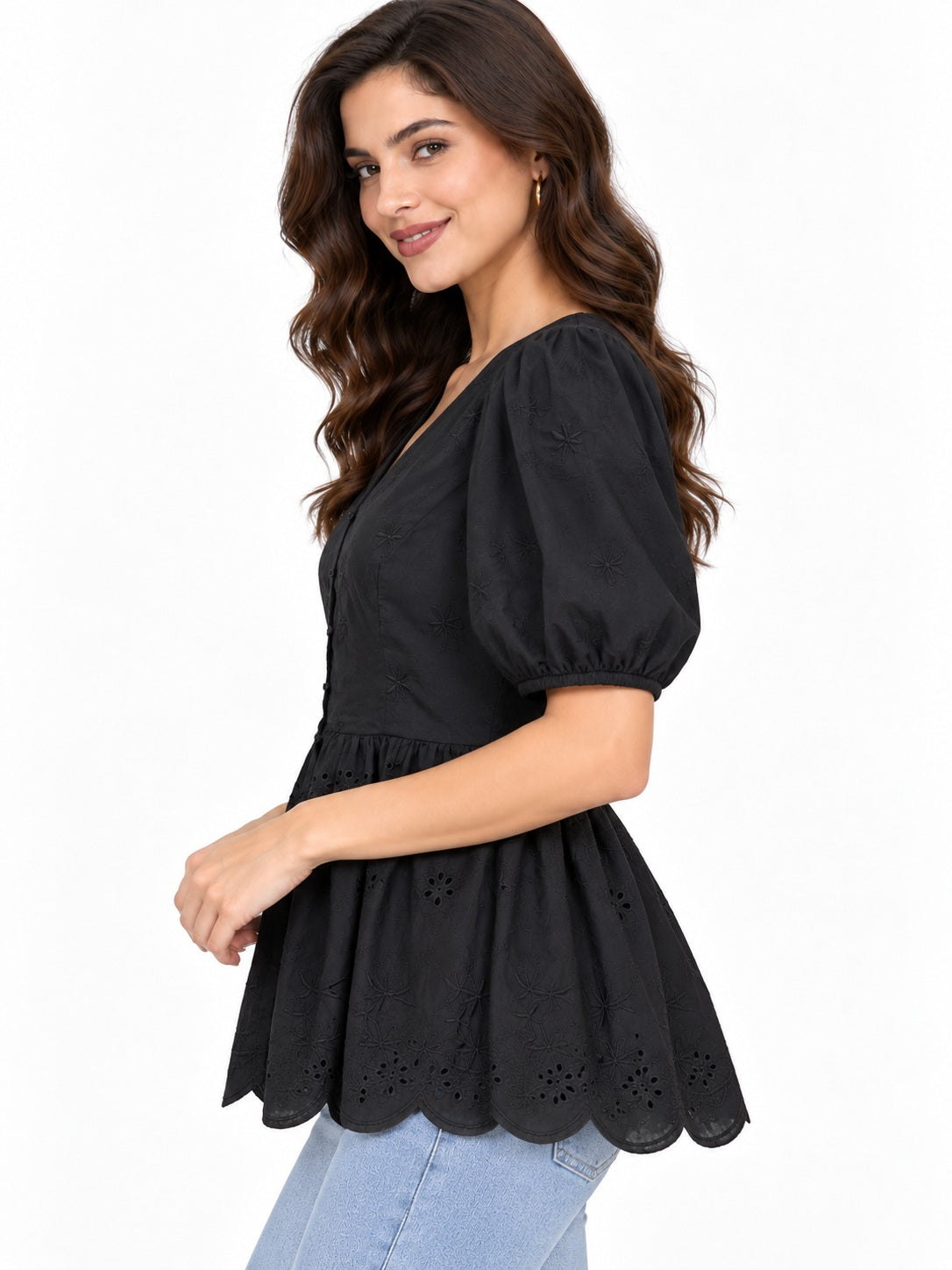 Black Scallop Schiffli Peplum Top
