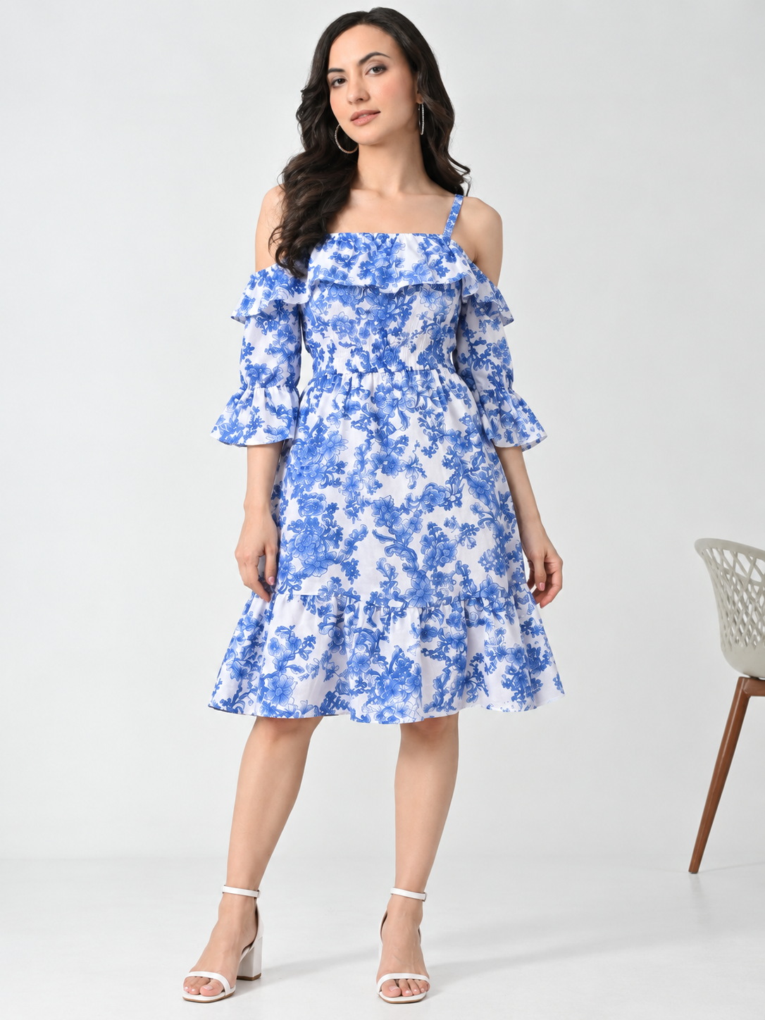 Blue Floral Printed Crepe Dress