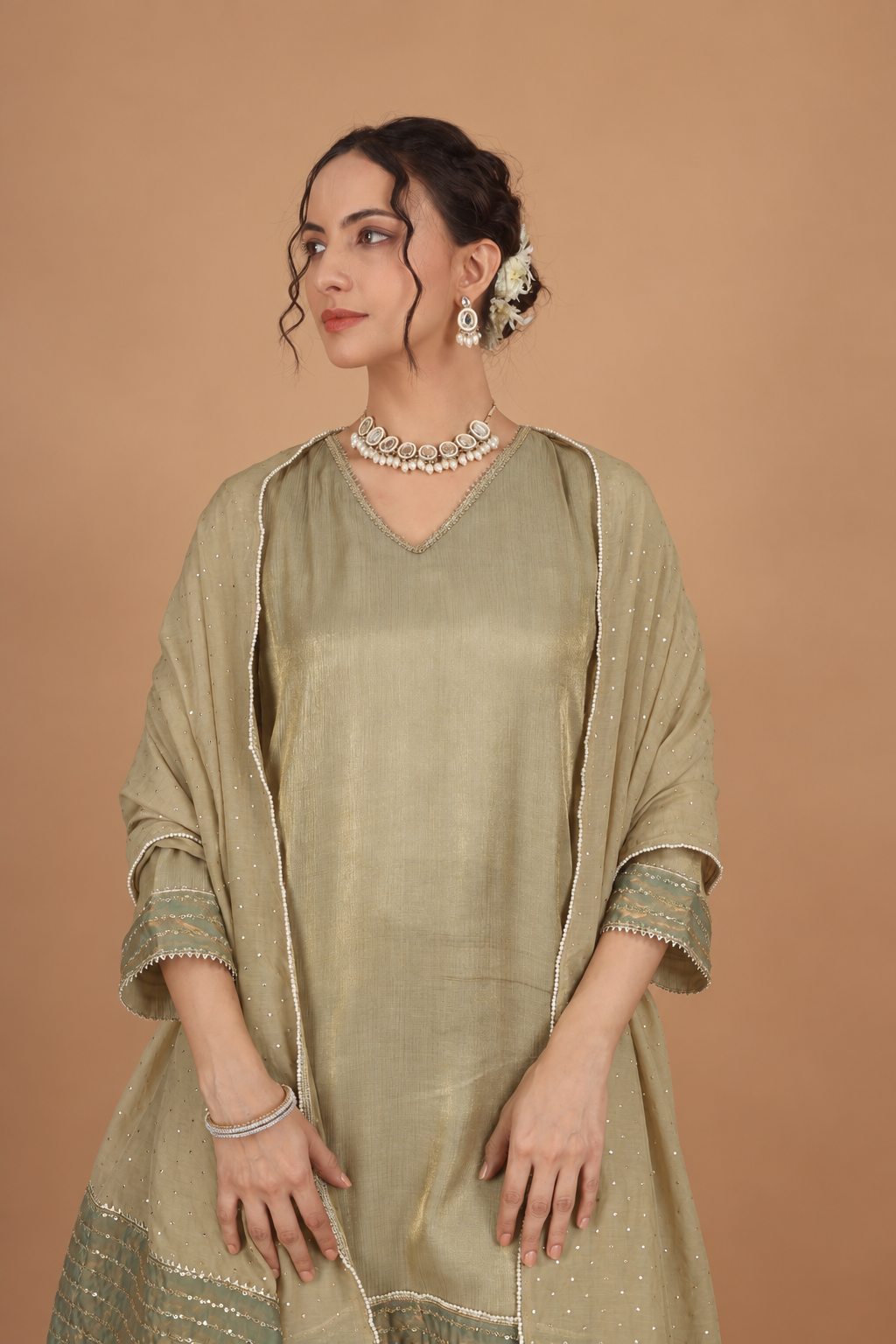 Green Zari Embroidered Kurta Set  - Set of 2