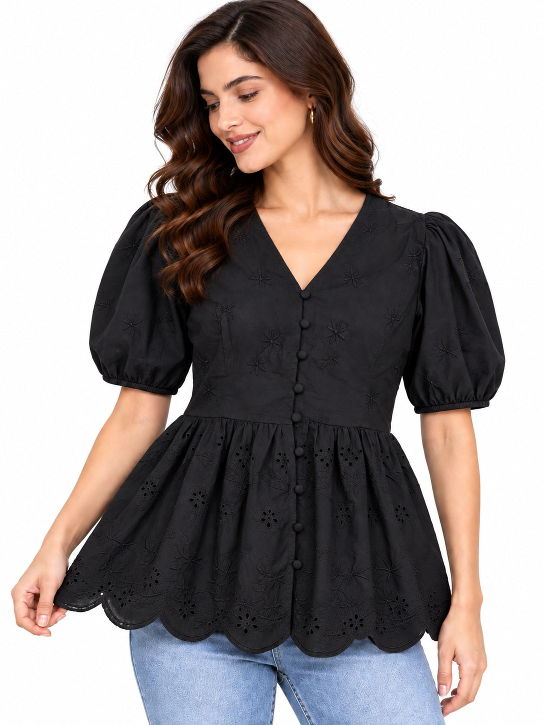 Black Scallop Schiffli Peplum Top