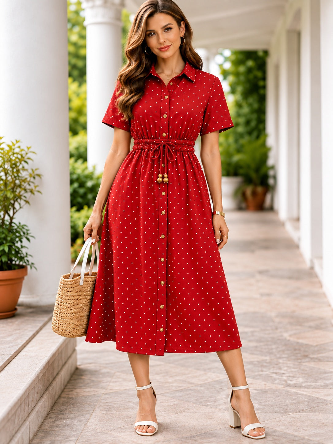 Maroon Polka Dot Cotton Shirt Dress