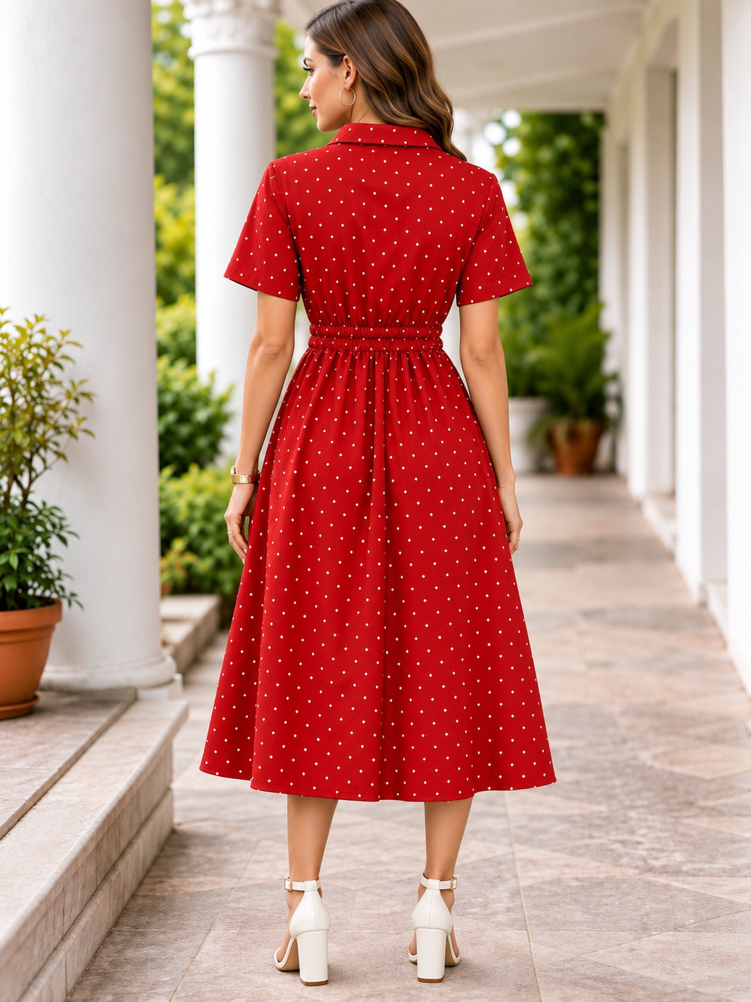 Maroon Polka Dot Cotton Shirt Dress