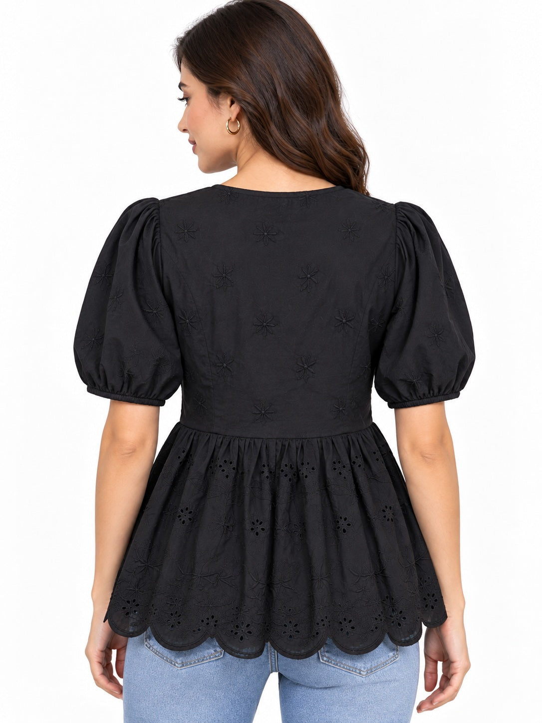 Black Scallop Schiffli Peplum Top