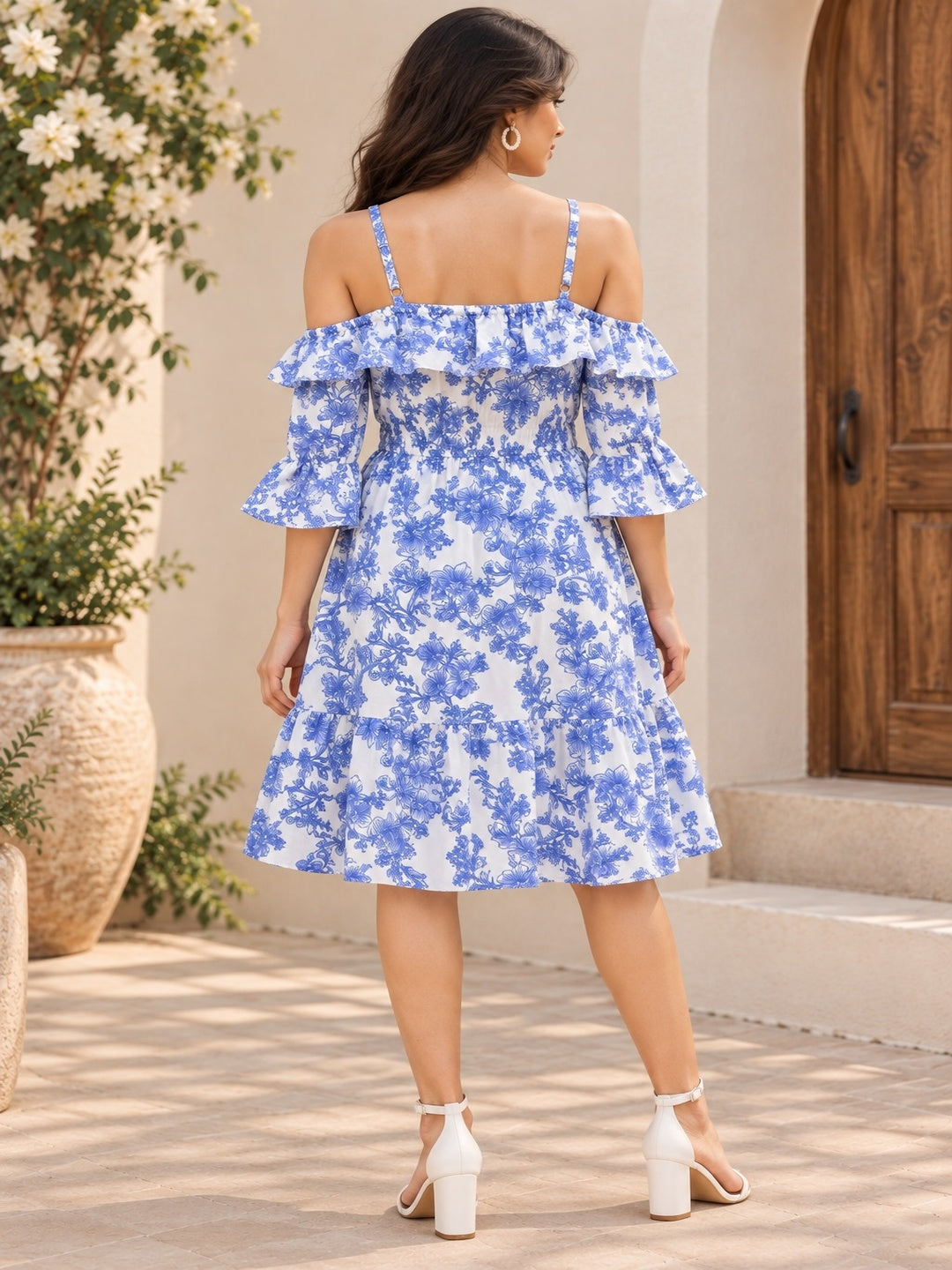 Blue Floral Printed Crepe Dress