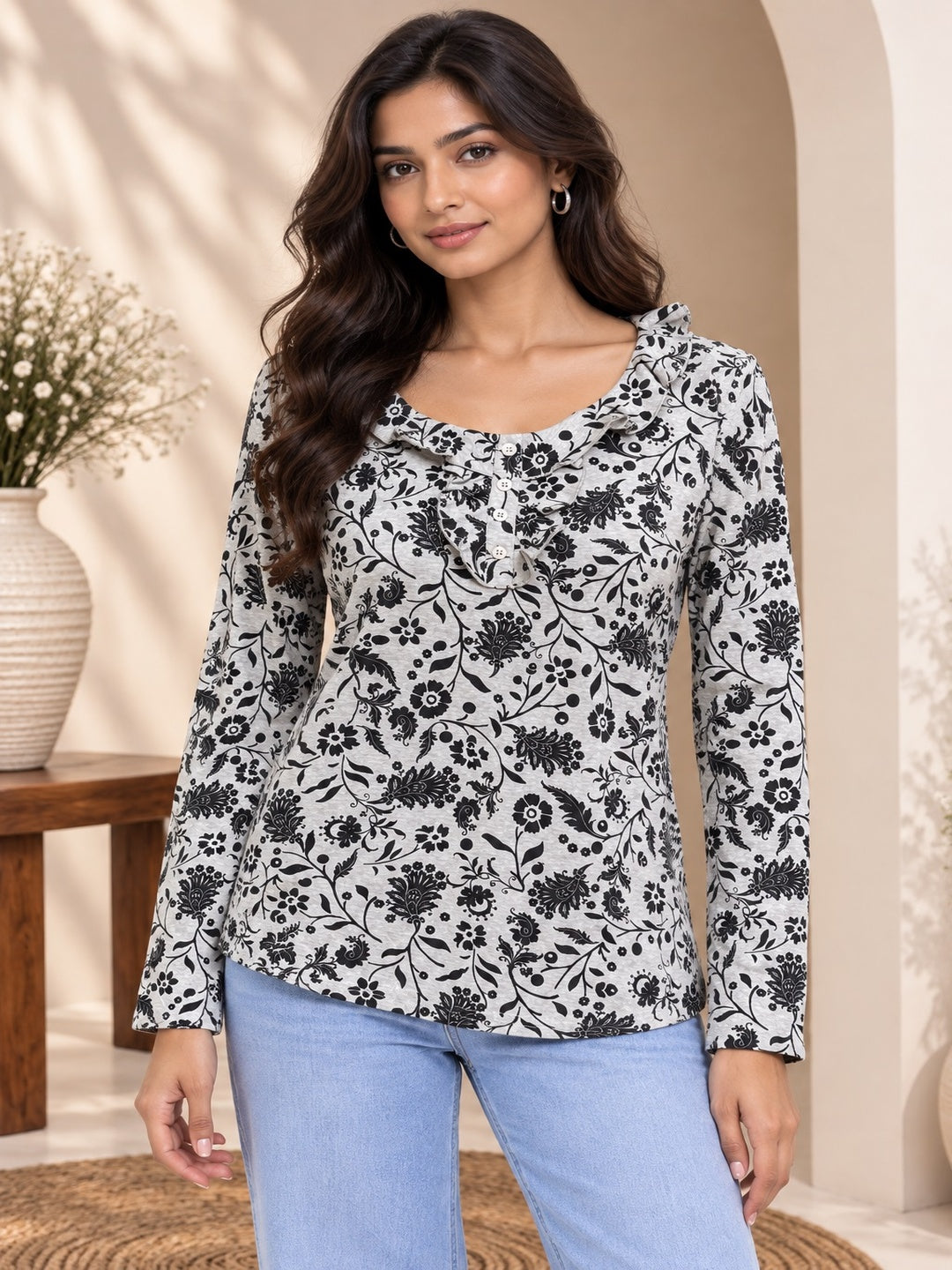 Black Petal Printed Top