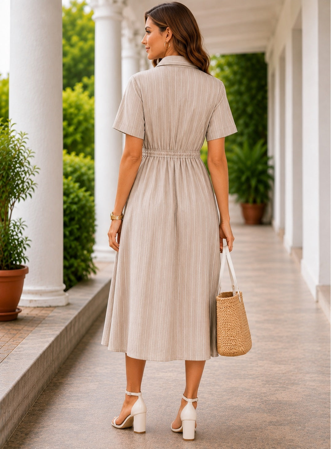 Beige Striped Shirt Dress