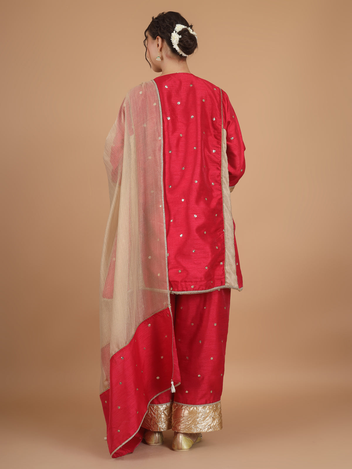 Rose Red Gold Crush Tissue Chanderi Panel Dupatta
