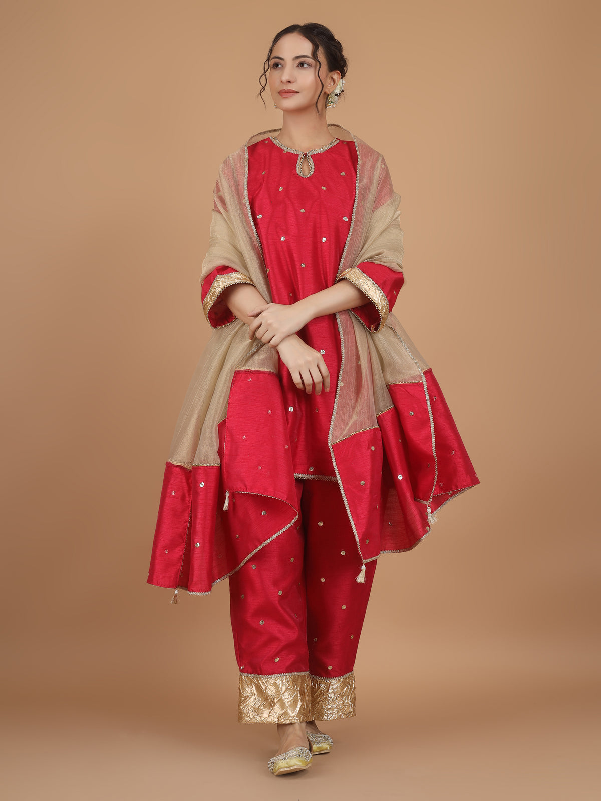 Rose Red Embroidered Kurta Set with Dupatta - Set of 3
