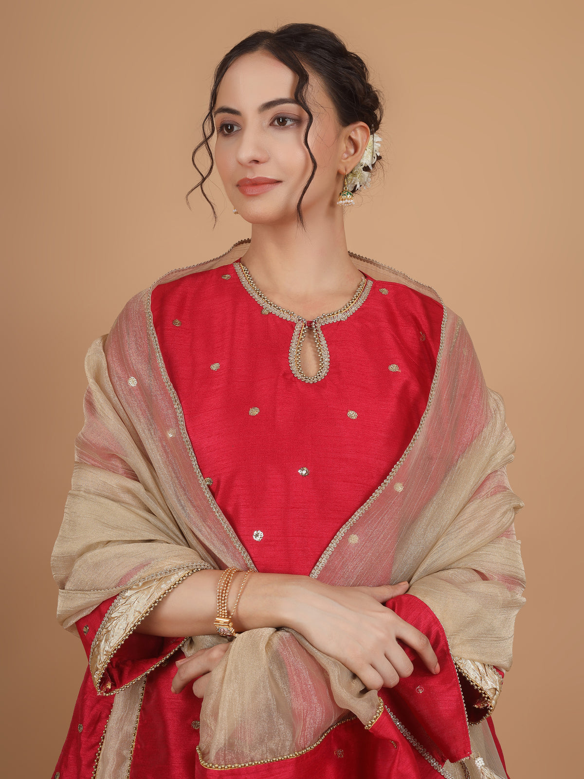 Rose Red Embroidered Kurta Set with Dupatta - Set of 3