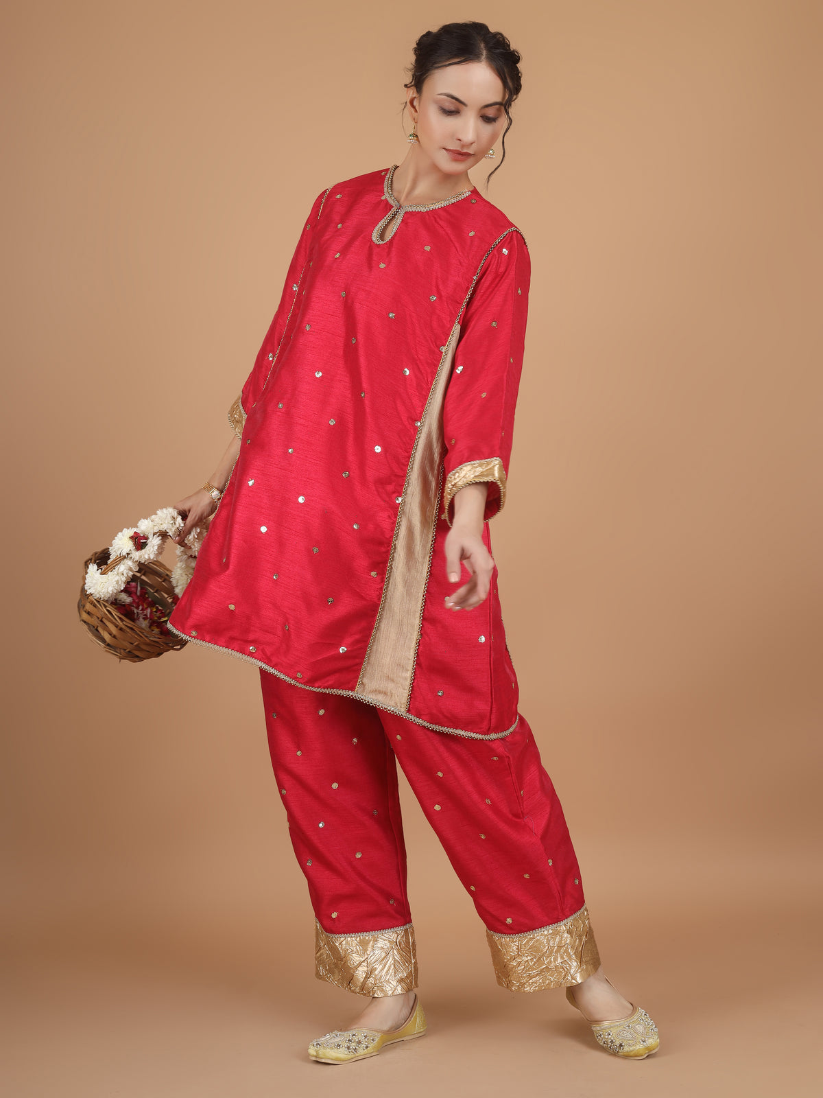 Rose Red Embroidered Kurta Set - Set of 2