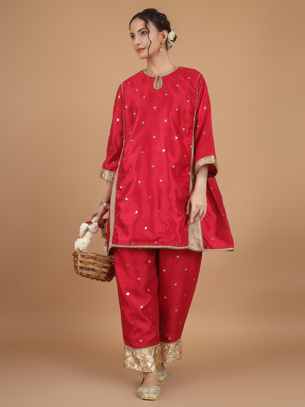 Rose Red Embroidered Kurta Set - Set of 2