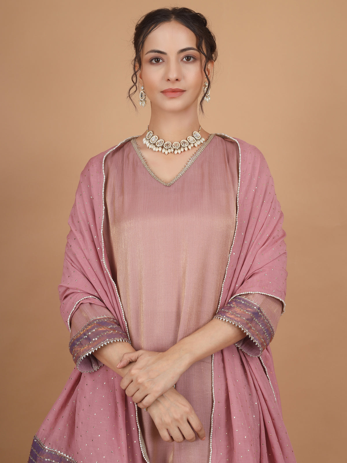 Mauve Zari Embroidered Kurta Set - Set of 2