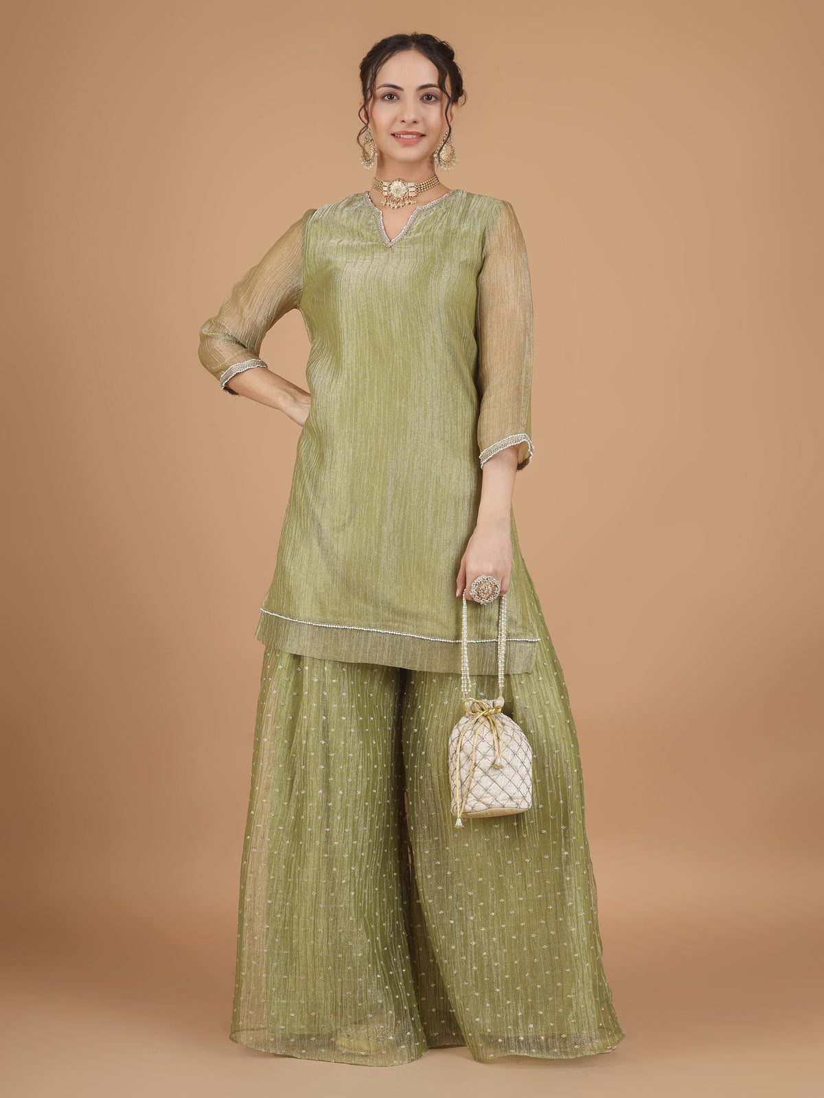 Sage Zari Crush Tissue Kurta Set - Set of 2