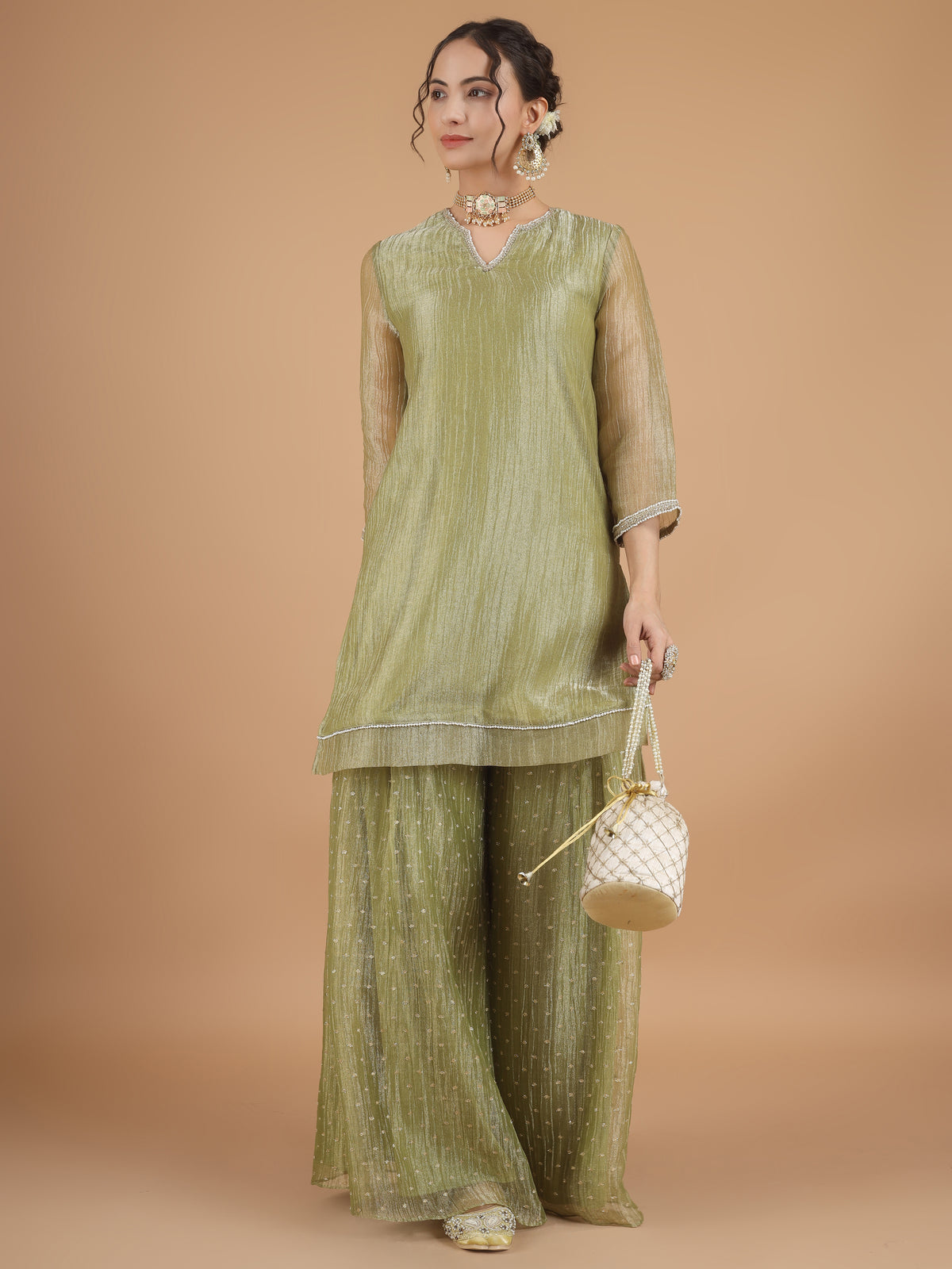 Sage Zari Crush Tissue Kurta Set - Set of 2