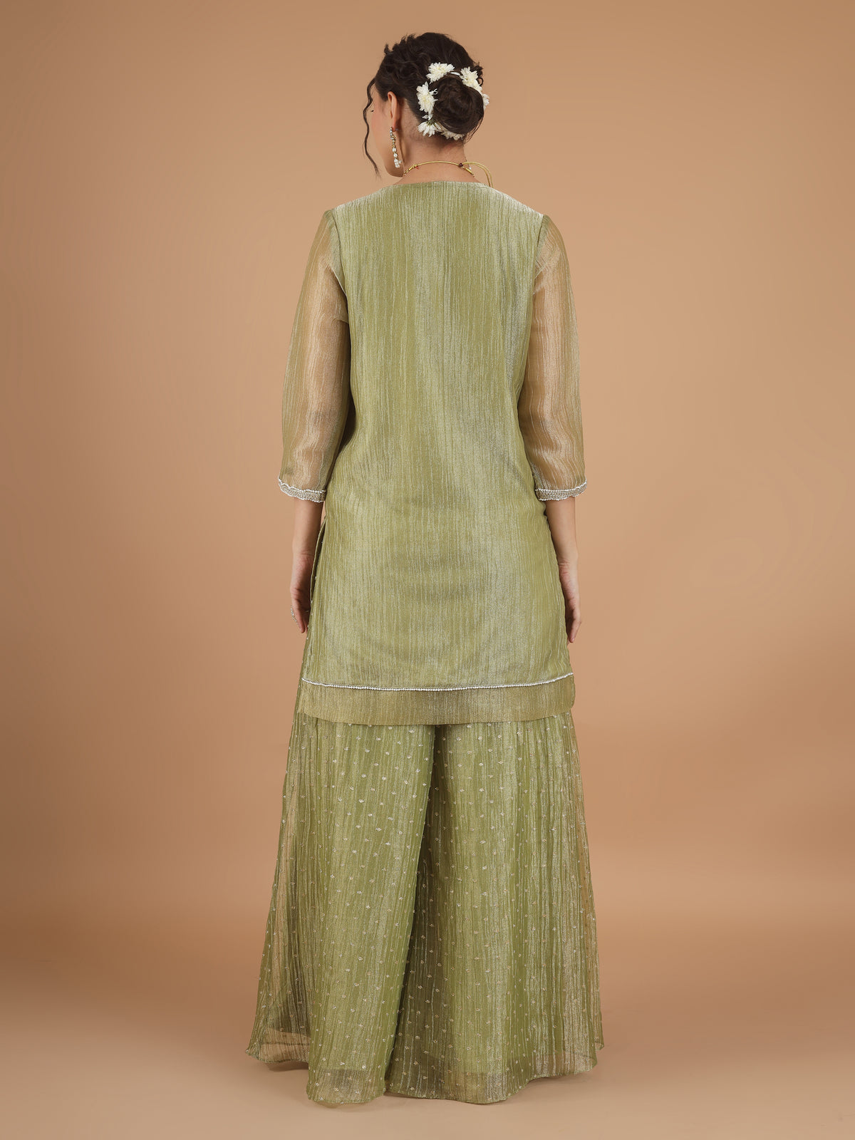 Sage Zari Crush Tissue Kurta Set with Dupatta - Set of 3