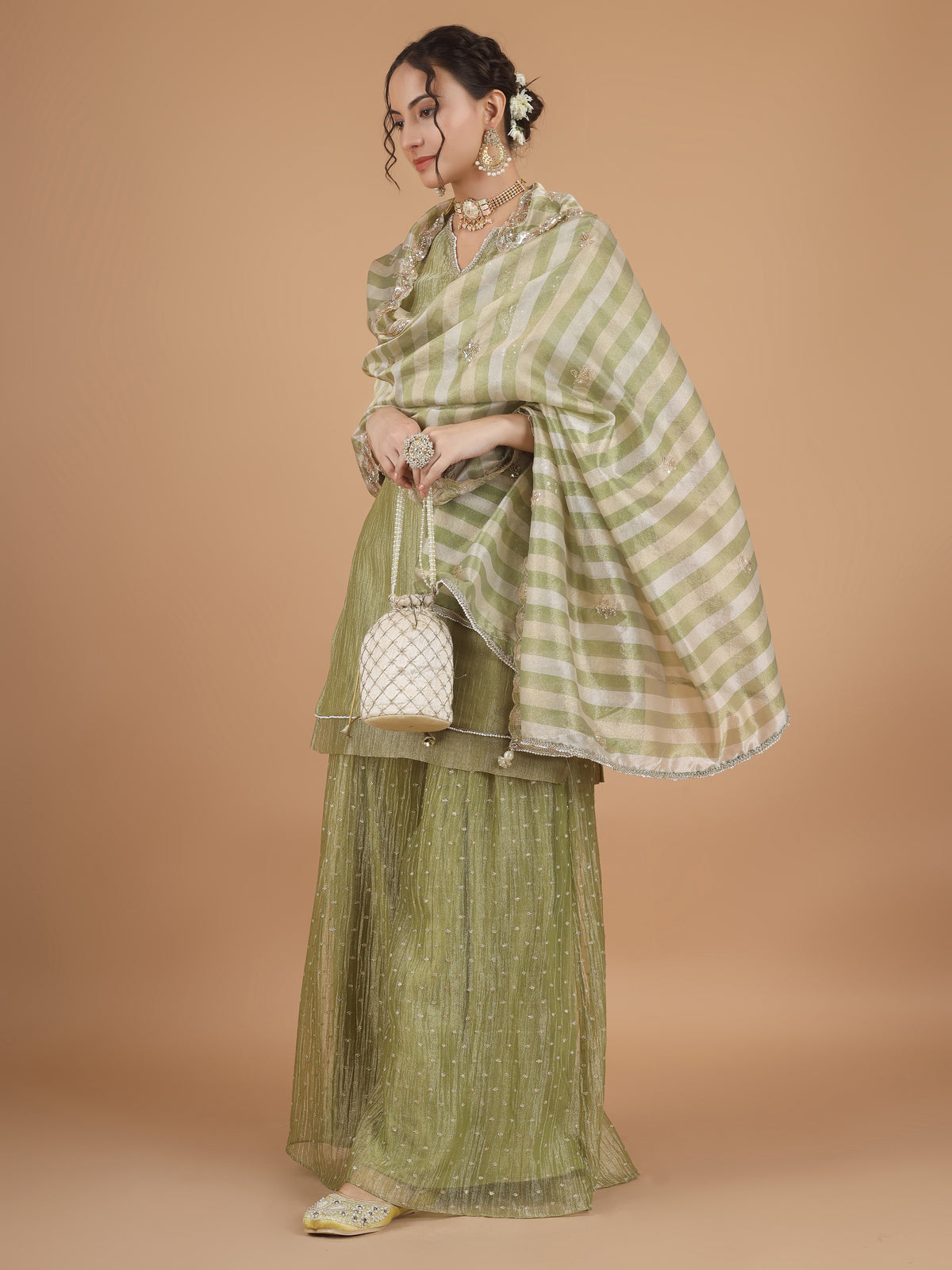 Sage Zari Crush Tissue Kurta Set - Set of 2