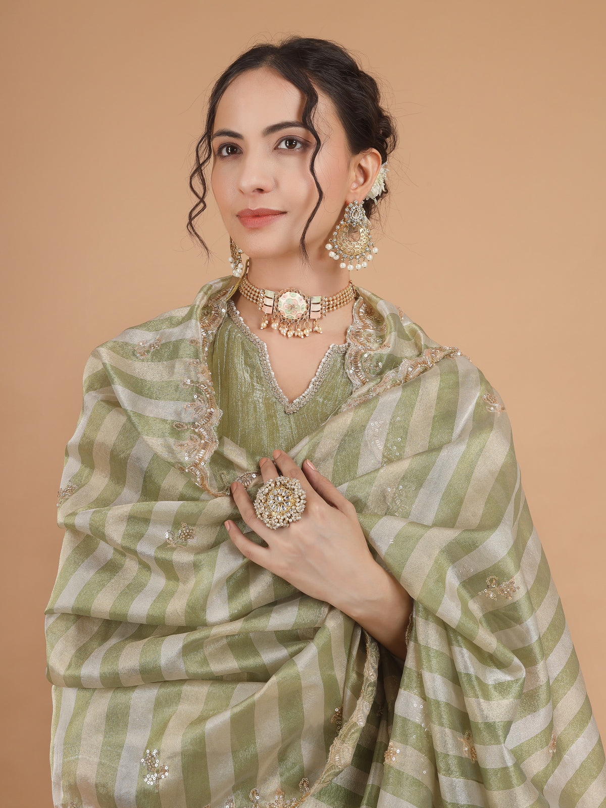 Sage Zari Crush Tissue Kurta Set - Set of 2