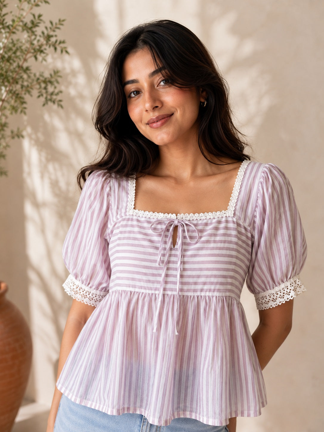 Pink Tie-up Striped Top