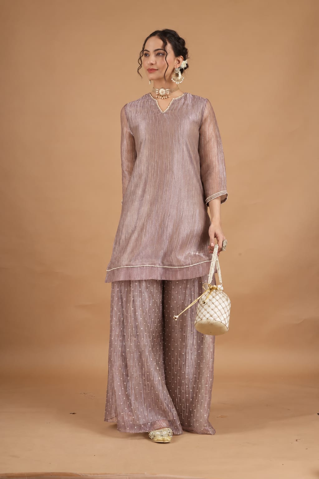 Lilac Zari Crush Tissue Kurta Set with Dupatta - Set of 3