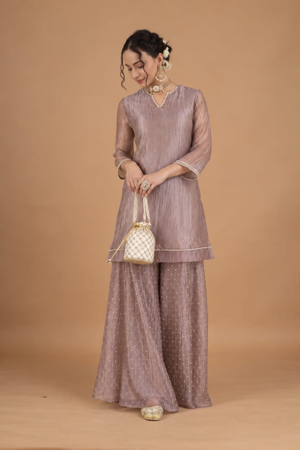 Lilac Zari Crush Tissue Kurta Set with Dupatta - Set of 3