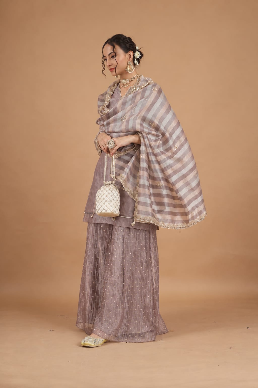 Lilac Zari Scallop Stripe Tissue Dupatta