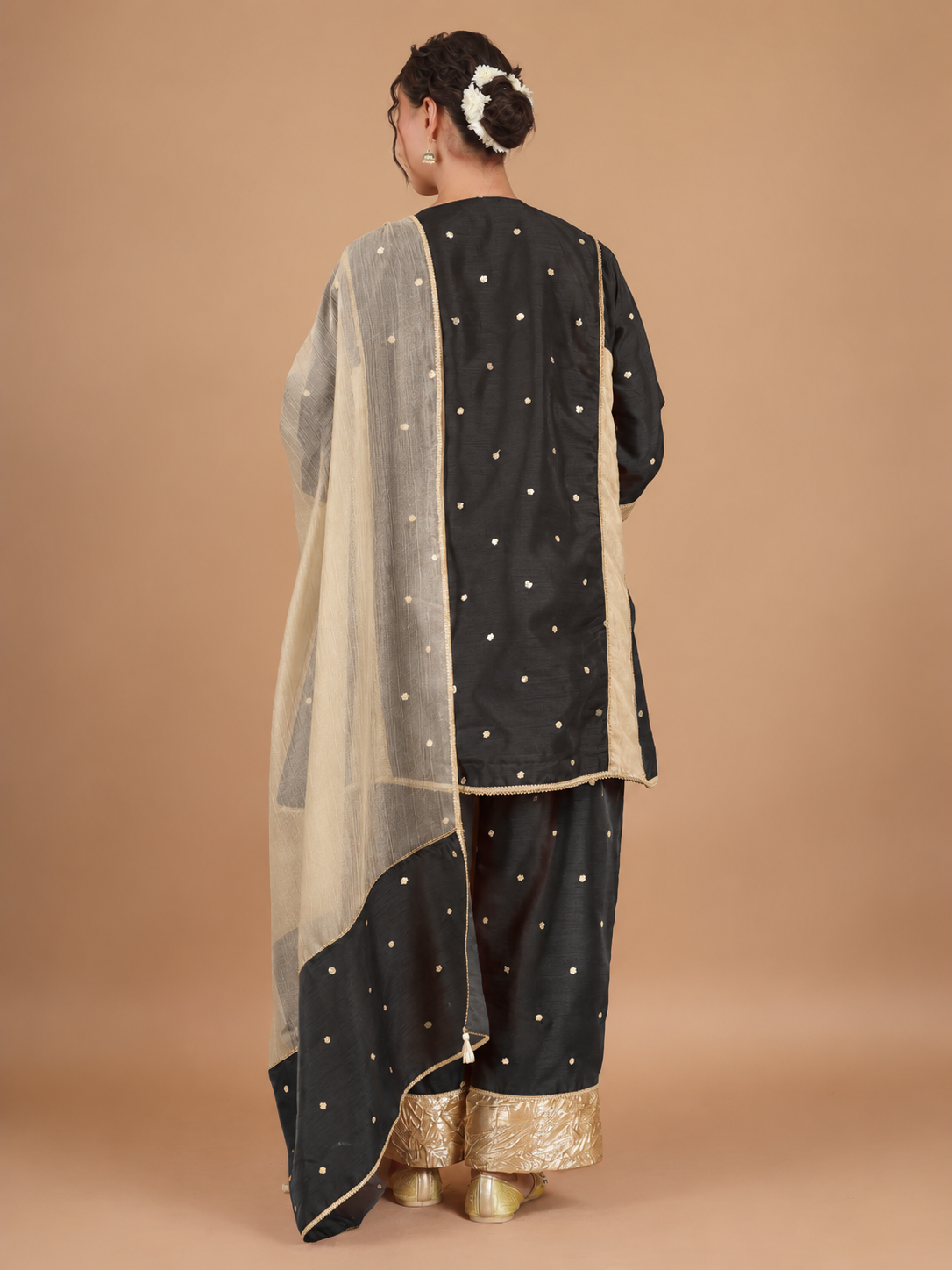 Black Rose Gold Crush Tissue Chanderi Panel Dupatta