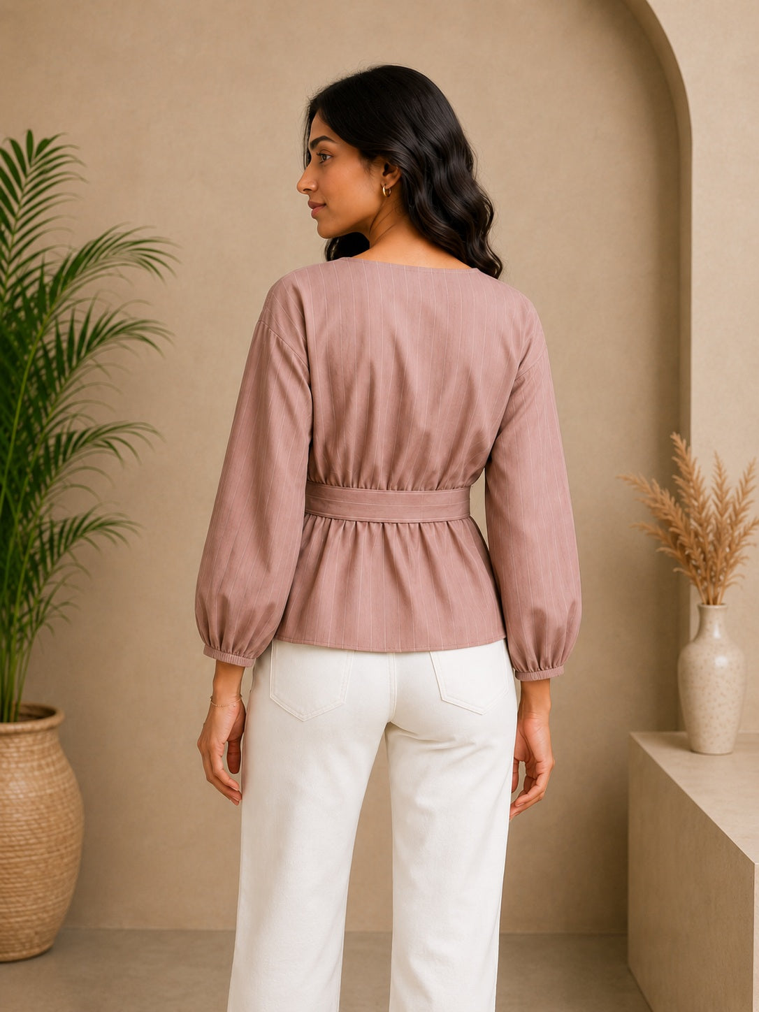 Beige Printed Wrap Top