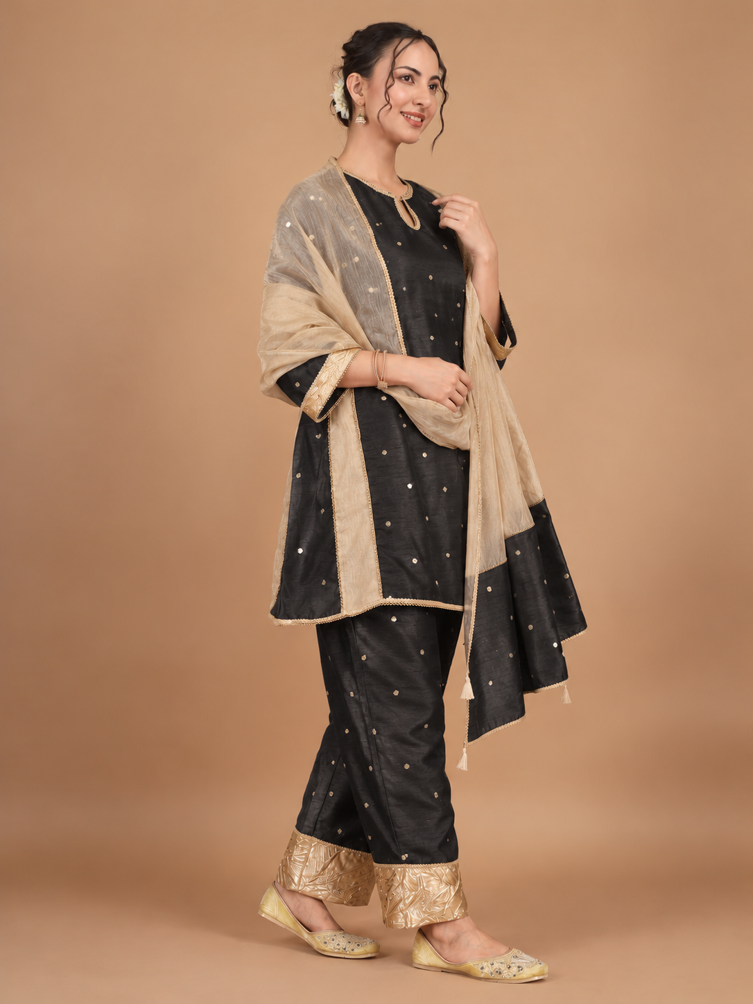 Black Rose Embroidered Kurta Set with Dupatta - Set of 3