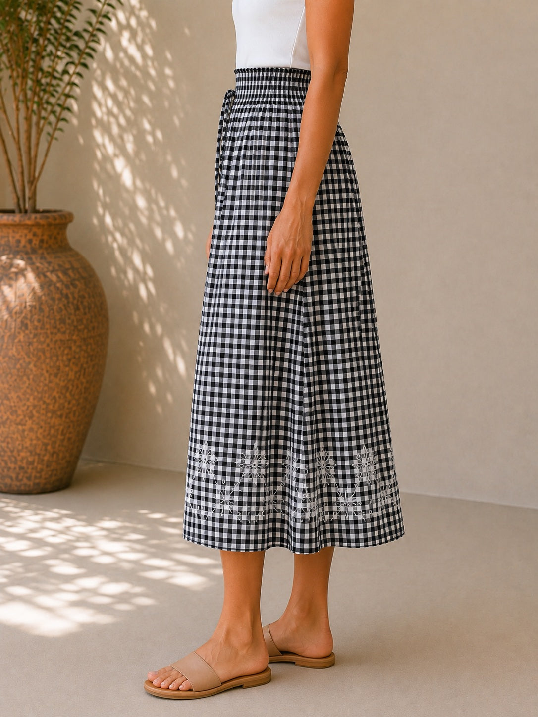 Black Checked Cotton Skirt