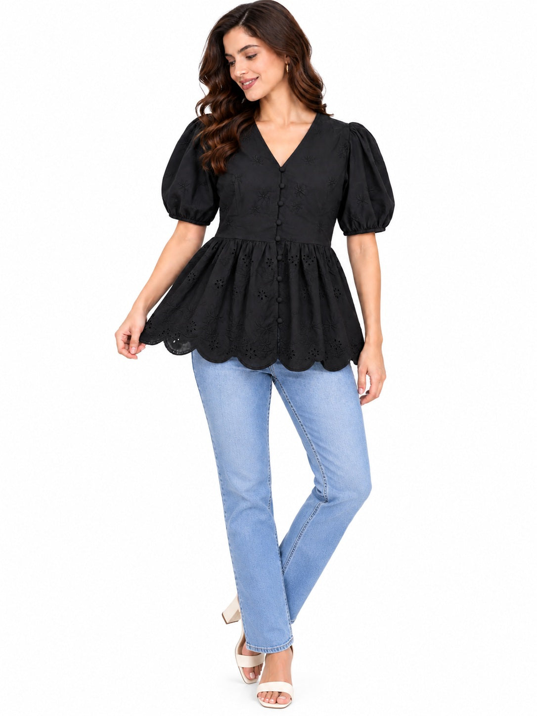 Black Scallop Schiffli Peplum Top