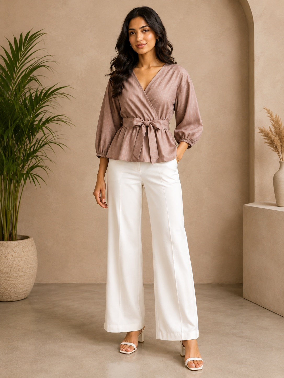 Beige Printed Wrap Top