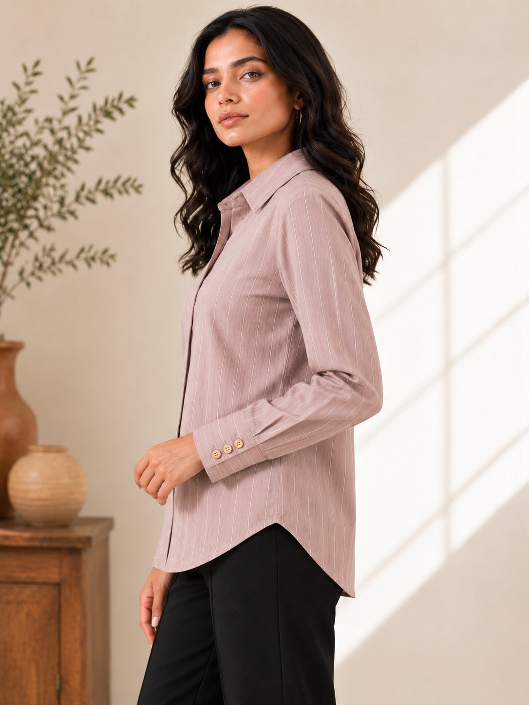 Beige Striped Printed Crepe Shirt