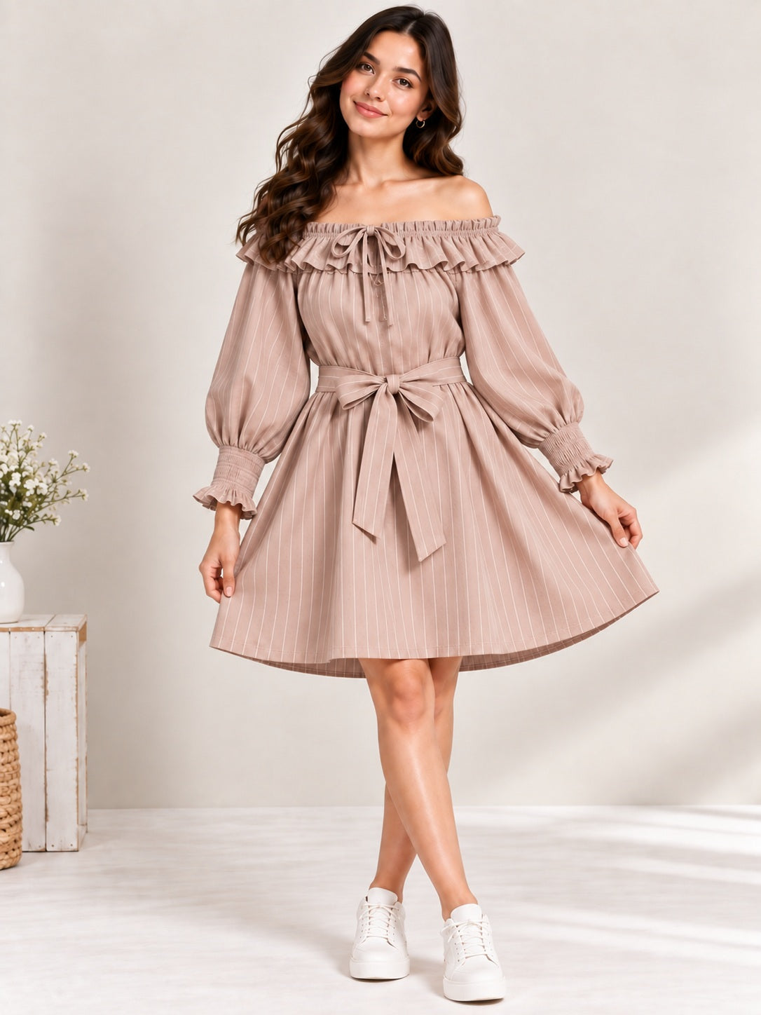 Beige Striped Printed Dress