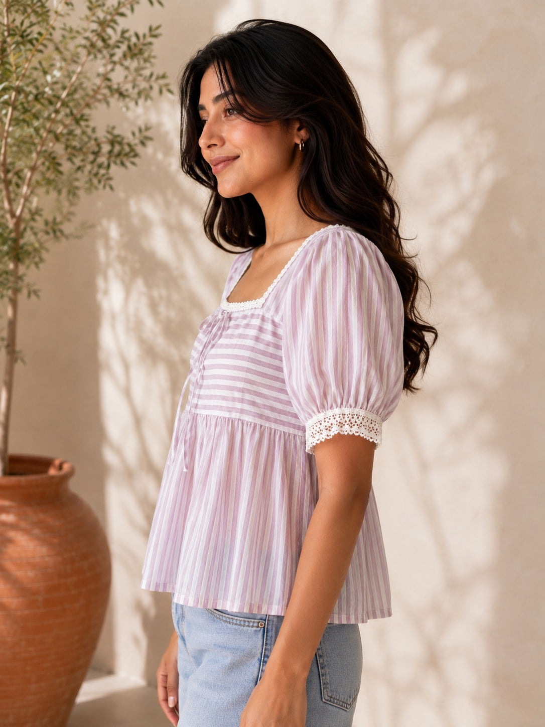 Pink Tie-up Striped Top