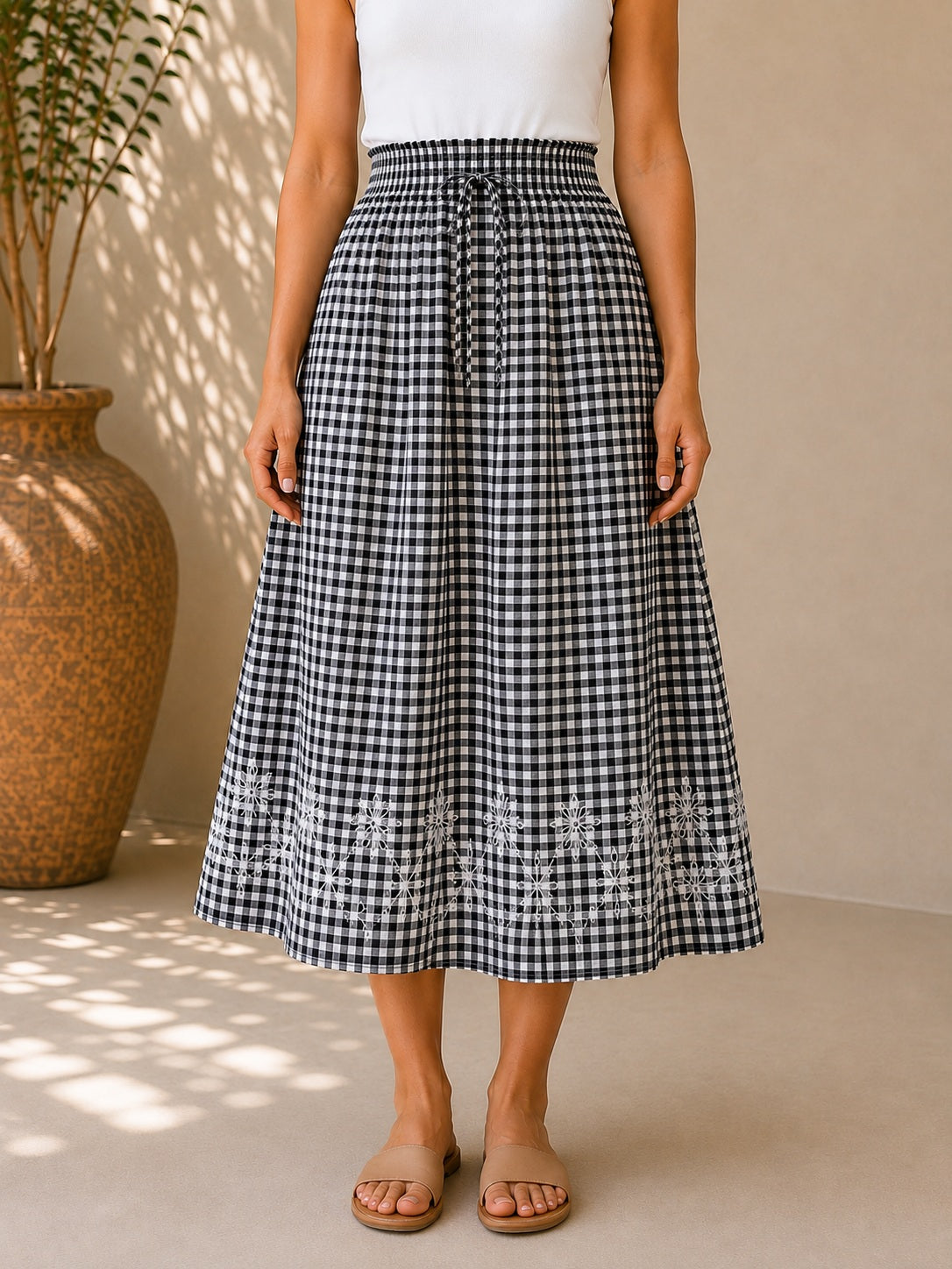 Black Checked Cotton Skirt