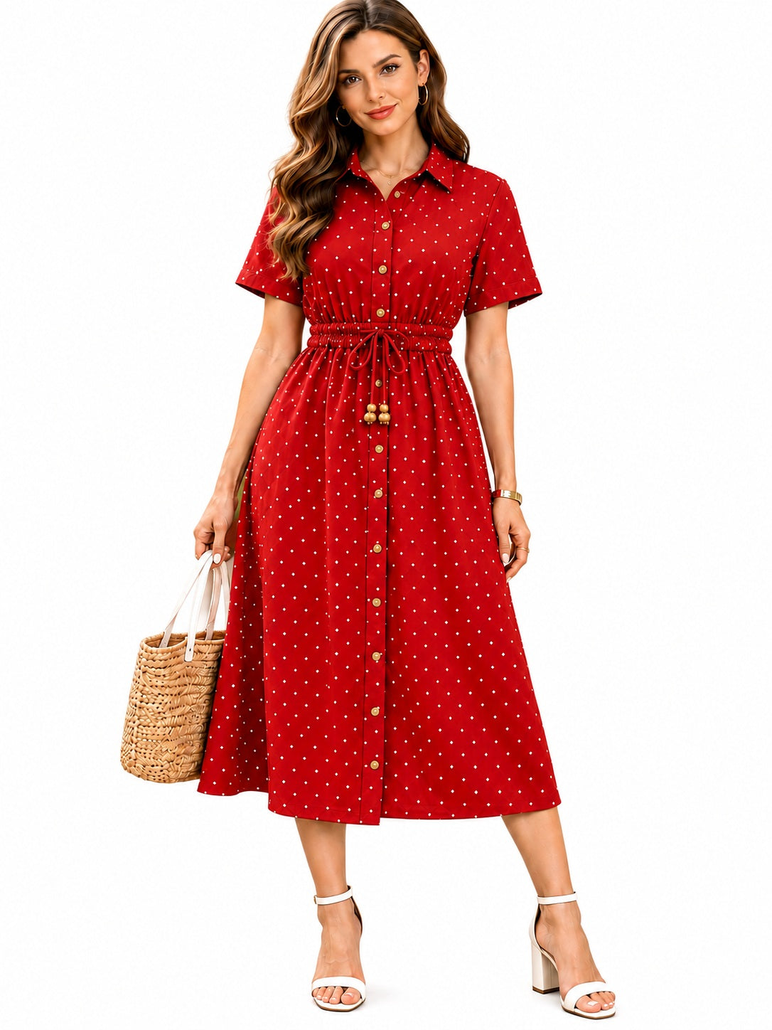 Maroon Polka Dot Cotton Shirt Dress
