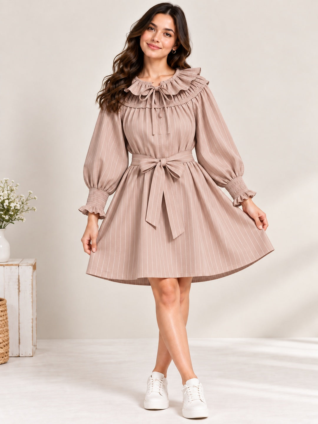 Beige Striped Printed Dress